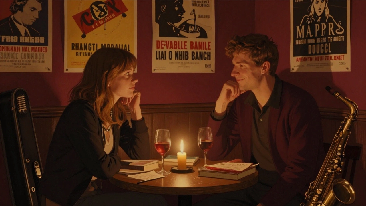 A companion and traveler sit across from each other in a cozy jazz bar, candlelight reflecting off wine glasses and books.
