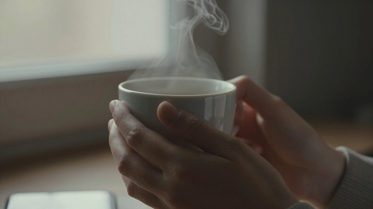 A hand holds a coffee cup as morning light reflects faintly on a phone screen.