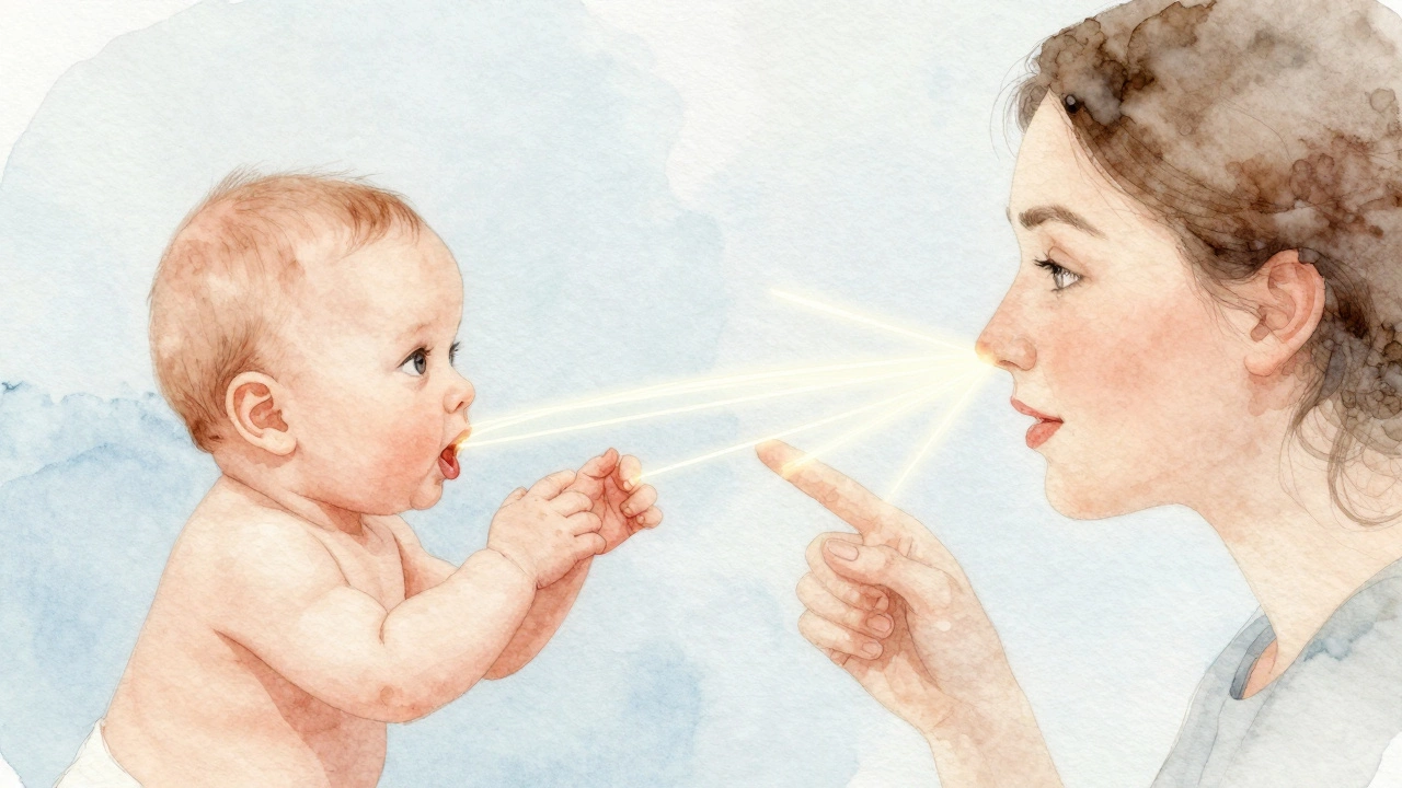 Glowing threads linking a baby’s gestures to a caregiver’s face, symbolizing early communication.
