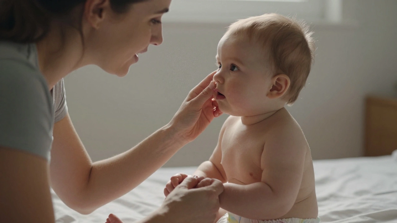 Mother and baby in quiet interaction during diaper change, focused gaze and gentle reach.