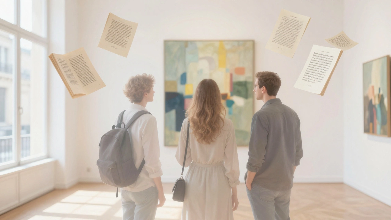 Three figures stand together in a sunlit gallery, their forms blending as poetic pages float around them in serene harmony.