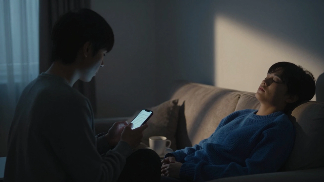 Two silhouettes connected by a glowing phone in moonlit silence, a blue sweater nearby.